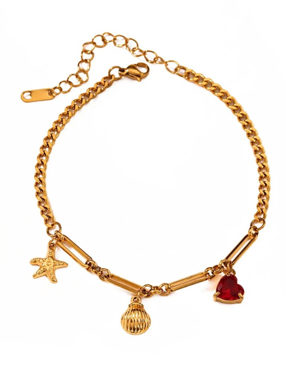 Gold Anklet Zircon Heart Starfish & Shell Charm Beach Jewelry -  Stainless Steel